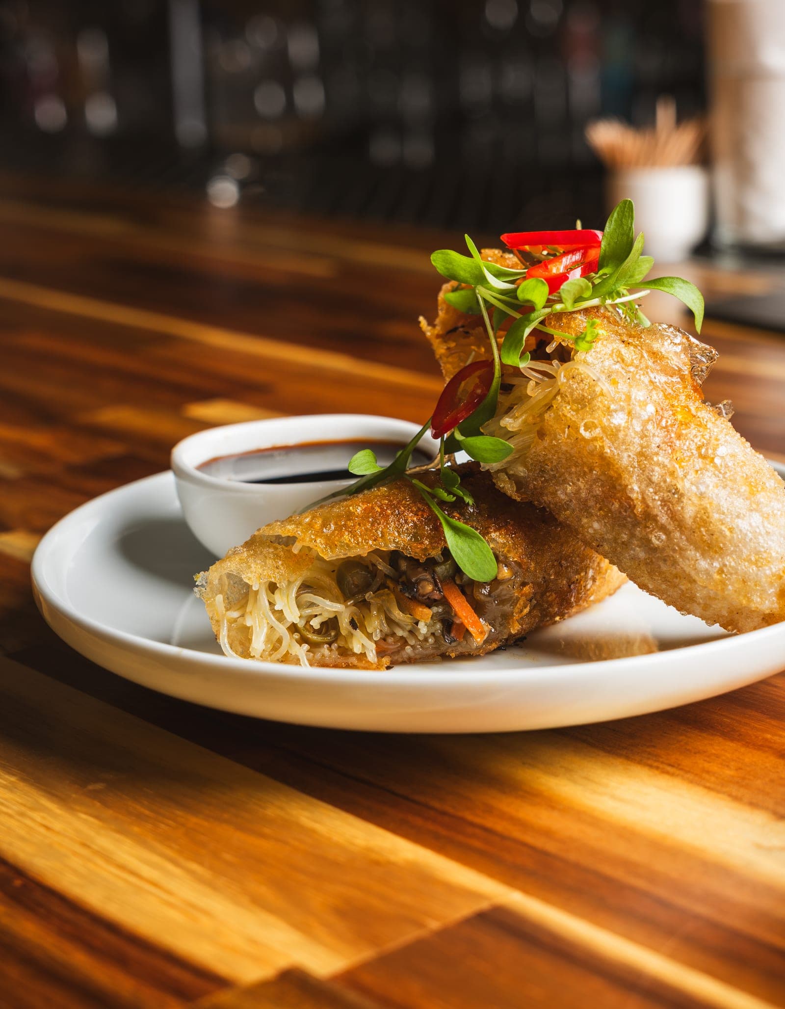 Spring roll halved to reveal the filling