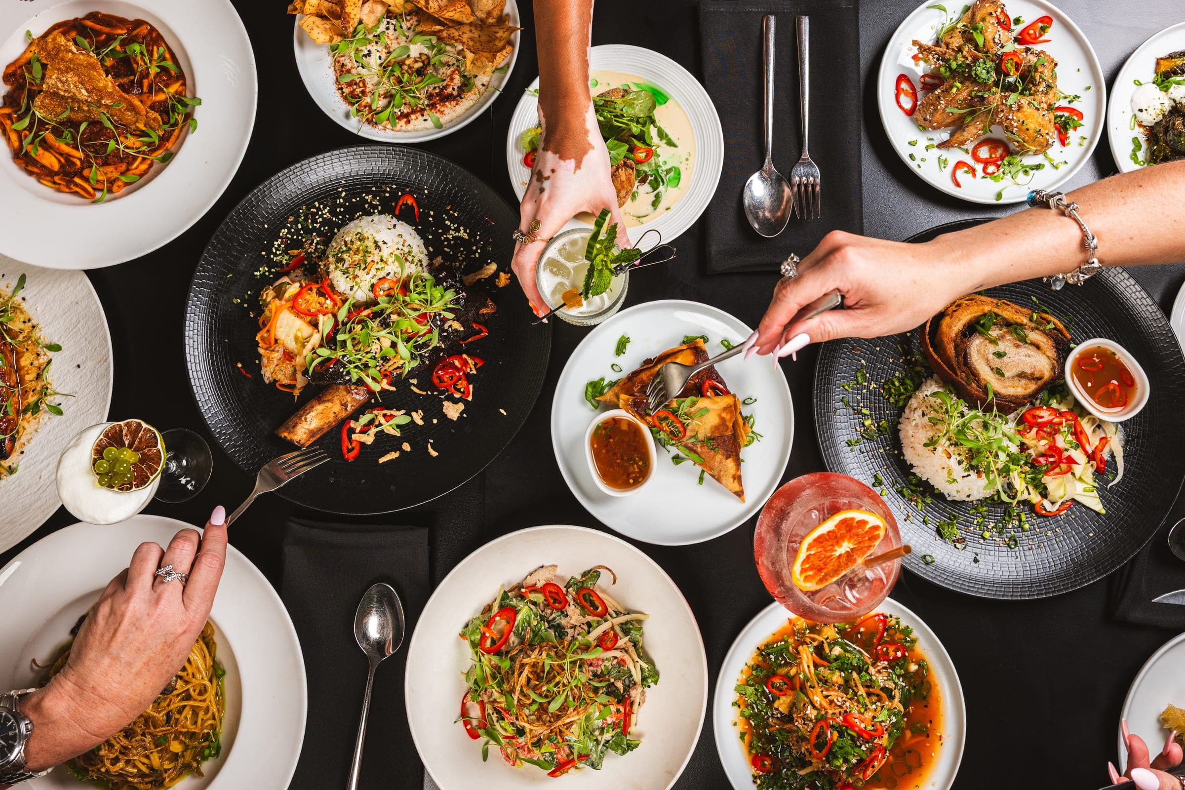Overhead view of a full communal table